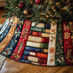 Stacked Books with Green Foliage Christmas Tree Skirt - Made to Order TREEK101