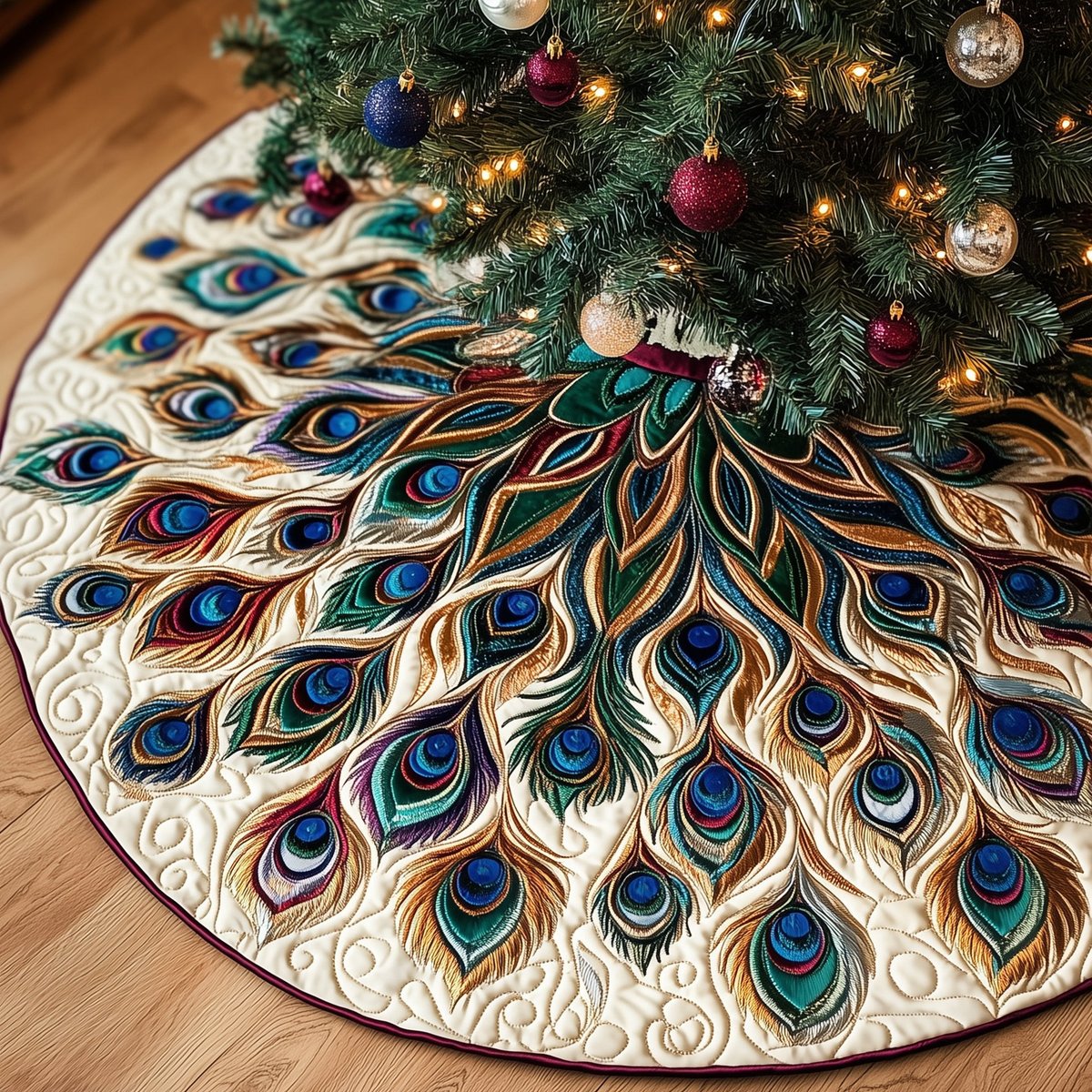 Teal Peacock Fan on Cream Christmas Tree Skirt - Made to Order TREEK101