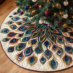 Teal Peacock Fan on Cream Christmas Tree Skirt - Made to Order TREEK101