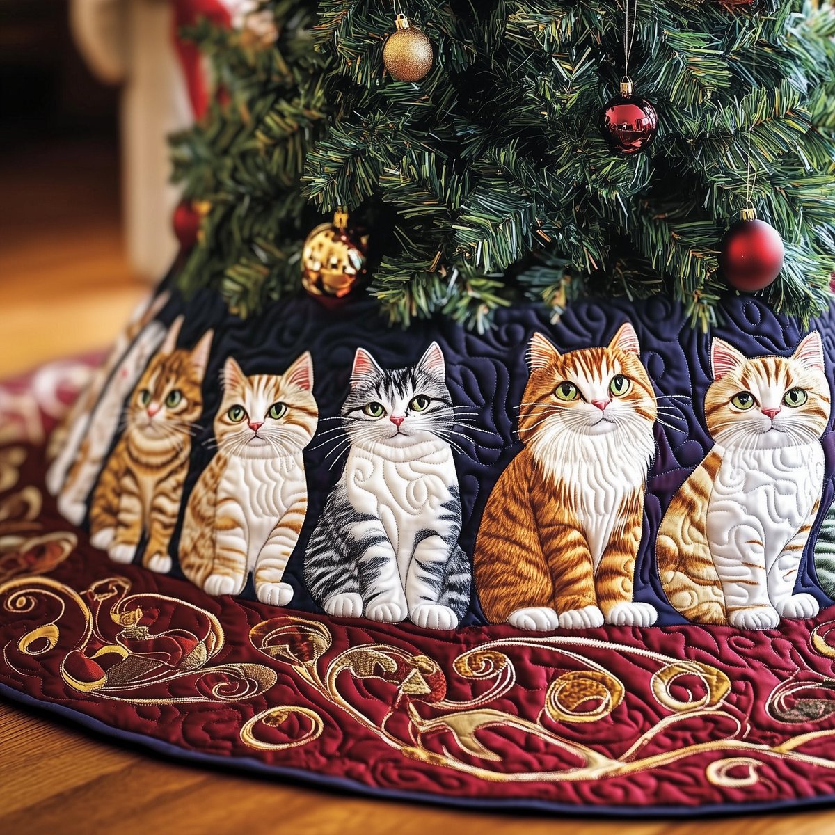 Cats Above the Red Swirl Border Christmas Tree Skirt - Made to Order TREEK101