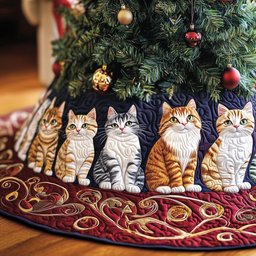 Cats Above the Red Swirl Border Christmas Tree Skirt - Made to Order TREEK101