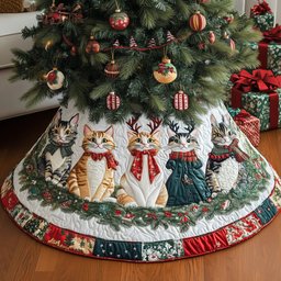 Cats in Reindeer Antlers and Scarves Christmas Tree Skirt - Made to Order TREEK101
