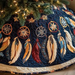 Dreamcatchers on Navy with Warm Feathers Christmas Tree Skirt - Made to Order TREEK101