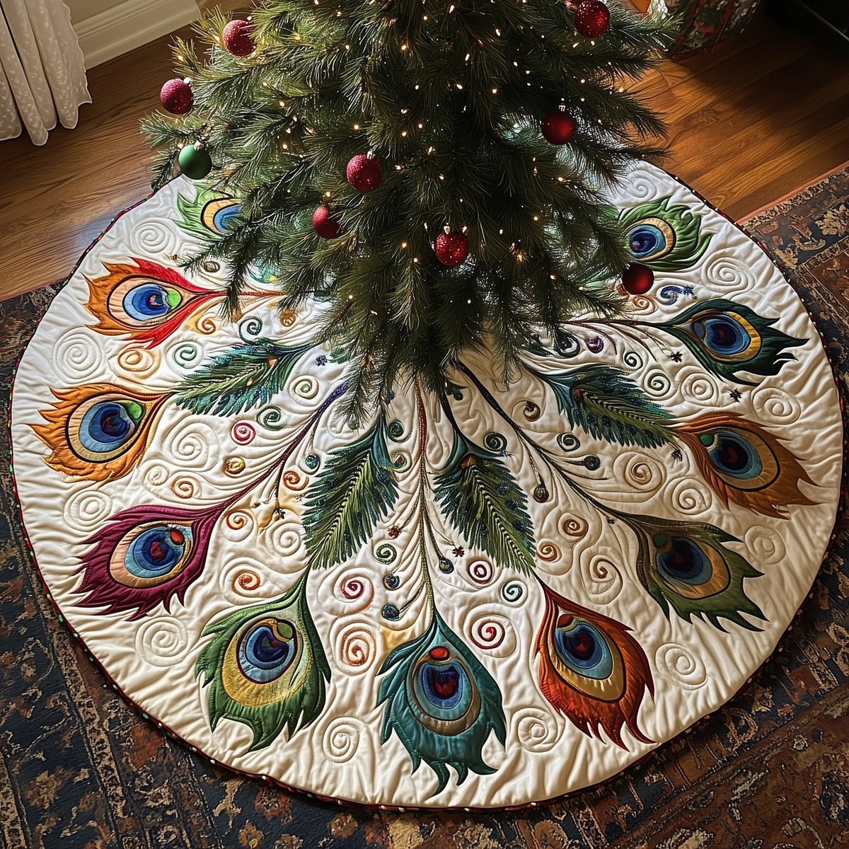 Wide Peacock Fan on Ivory Christmas Tree Skirt - Made to Order TREEK101