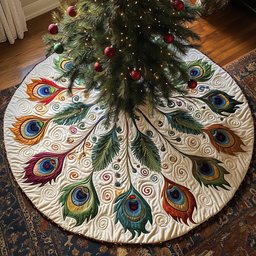Wide Peacock Fan on Ivory Christmas Tree Skirt - Made to Order TREEK101