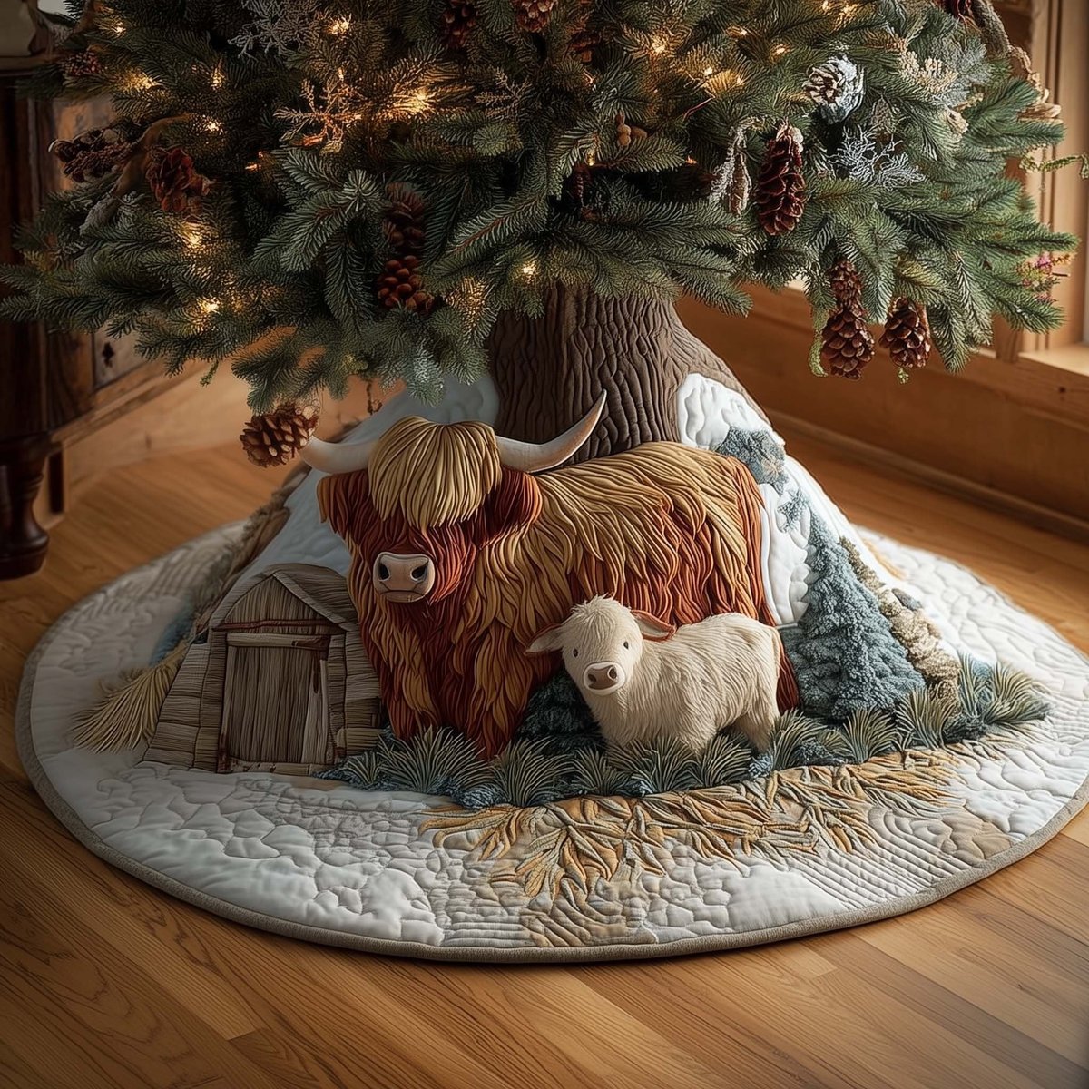 Highland Cow with a White Calf Christmas Tree Skirt - Made to Order TREEK101