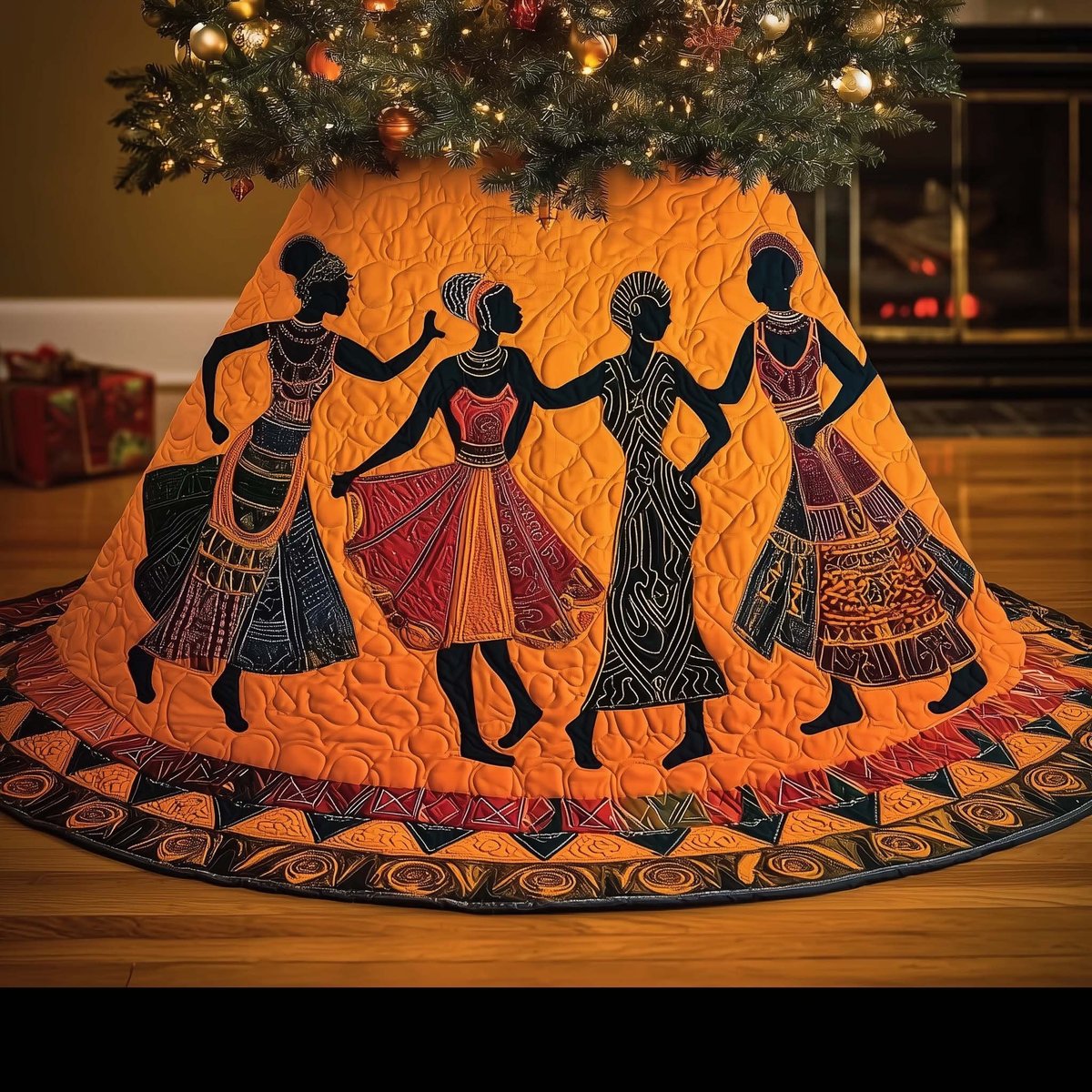 Silhouette Dancers on Bright Orange Christmas Tree Skirt - Made to Order TREEK101