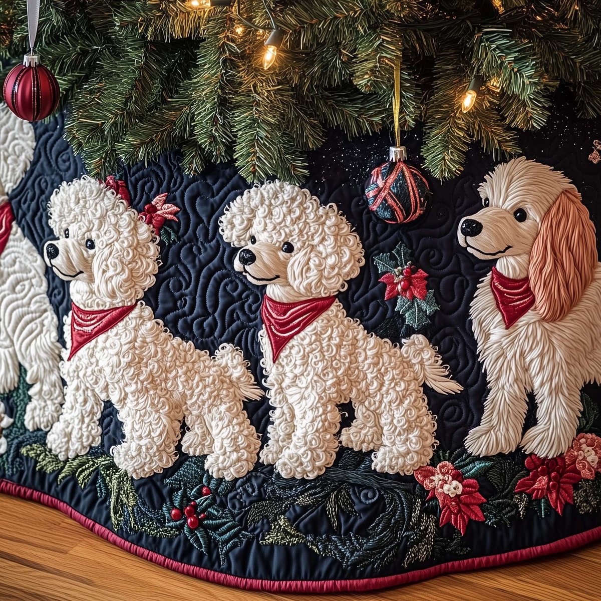 Cream Poodles on Navy with Holly Christmas Tree Skirt - Made to Order TREEK101