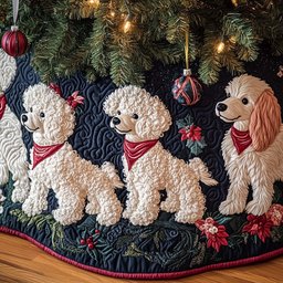 Cream Poodles on Navy with Holly Christmas Tree Skirt - Made to Order TREEK101