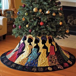 Women in Colorful Gowns on Navy Border Christmas Tree Skirt - Made to Order TREEK101