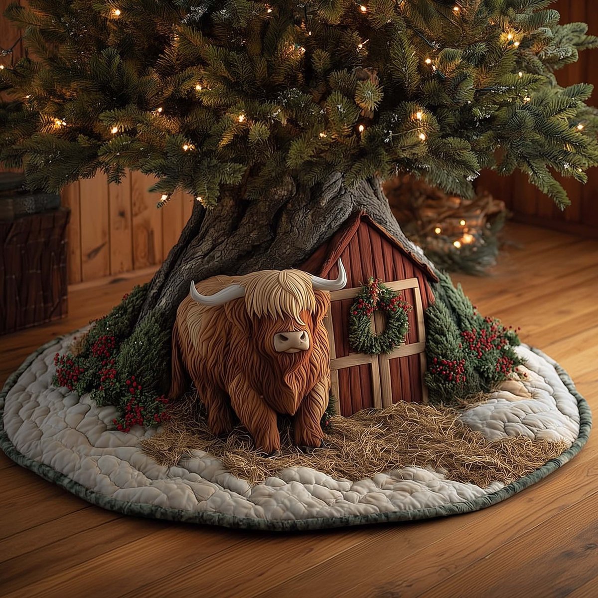 Highland Cow with a Wreath Christmas Tree Skirt - Made to Order TREEK101