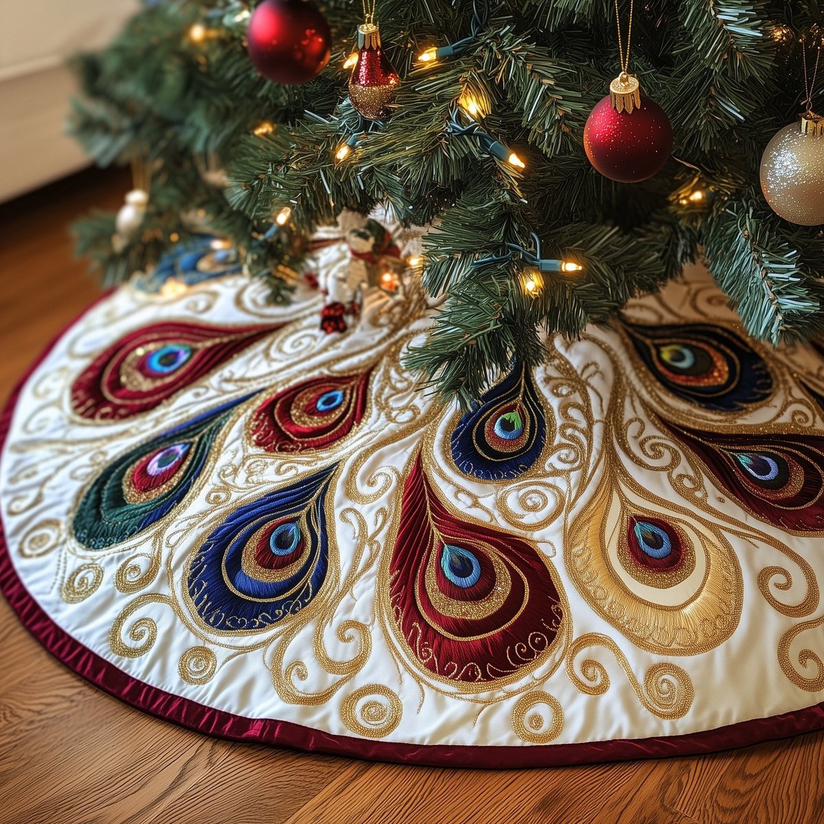 Peacock Plumes in Ruby and Sapphire Christmas Tree Skirt - Made to Order TREEK101