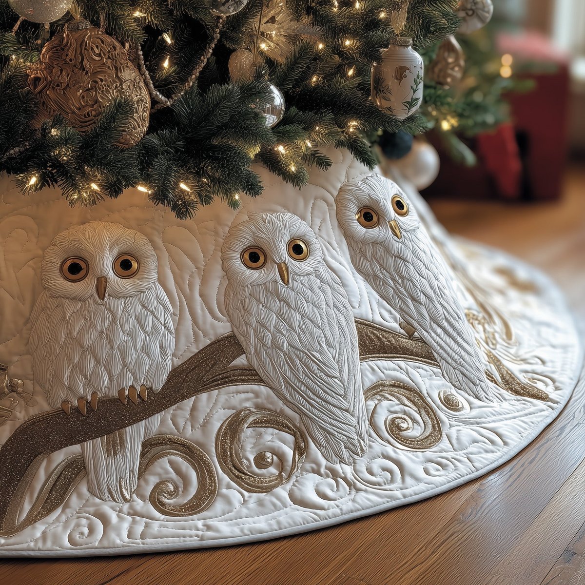 Snowy Owls on White Swirls Christmas Tree Skirt - Made to Order TREEK101