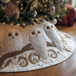Snowy Owls on White Swirls Christmas Tree Skirt - Made to Order TREEK101