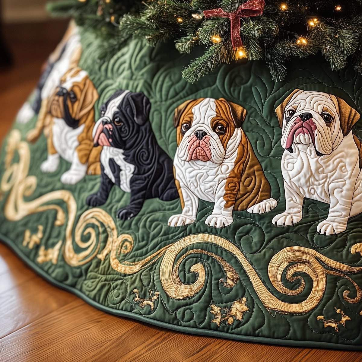 Black and White Bulldogs on Green Christmas Tree Skirt - Made to Order TREEK101