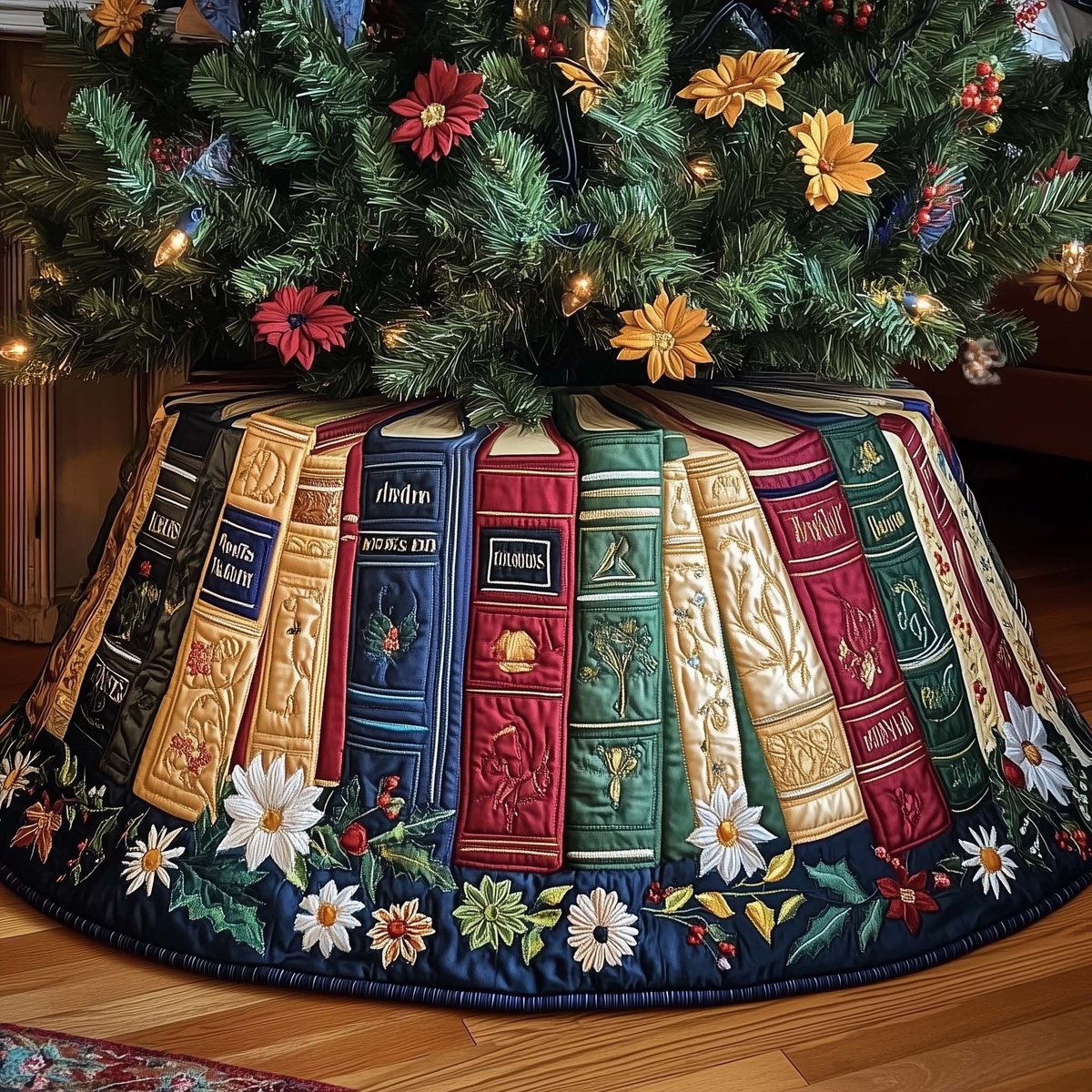Books with Daisies and Poinsettias Christmas Tree Skirt - Made to Order TREEK101