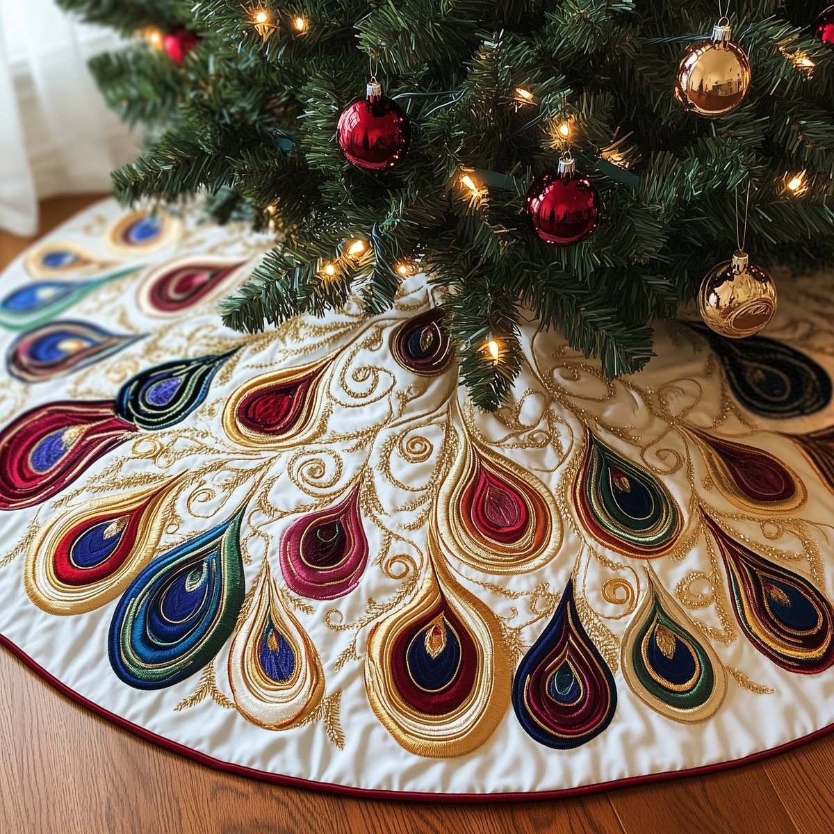 Peacock Plumes with Wine Red Border Christmas Tree Skirt - Made to Order TREEK101