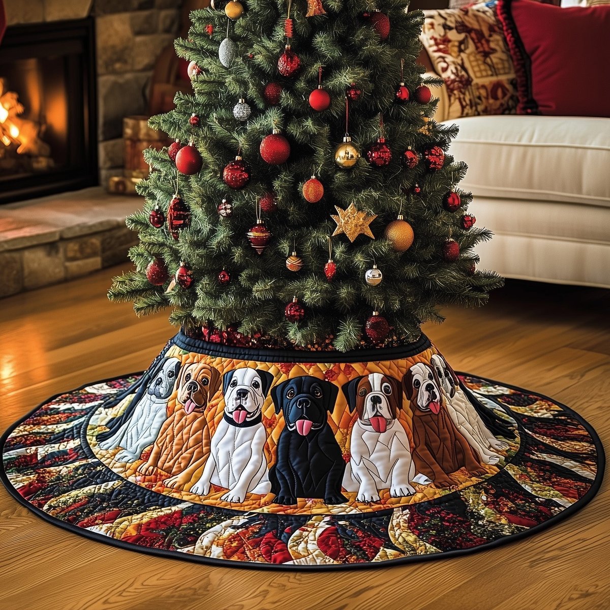 Boxers on Cream Patchwork Border Christmas Tree Skirt - Made to Order TREEK101
