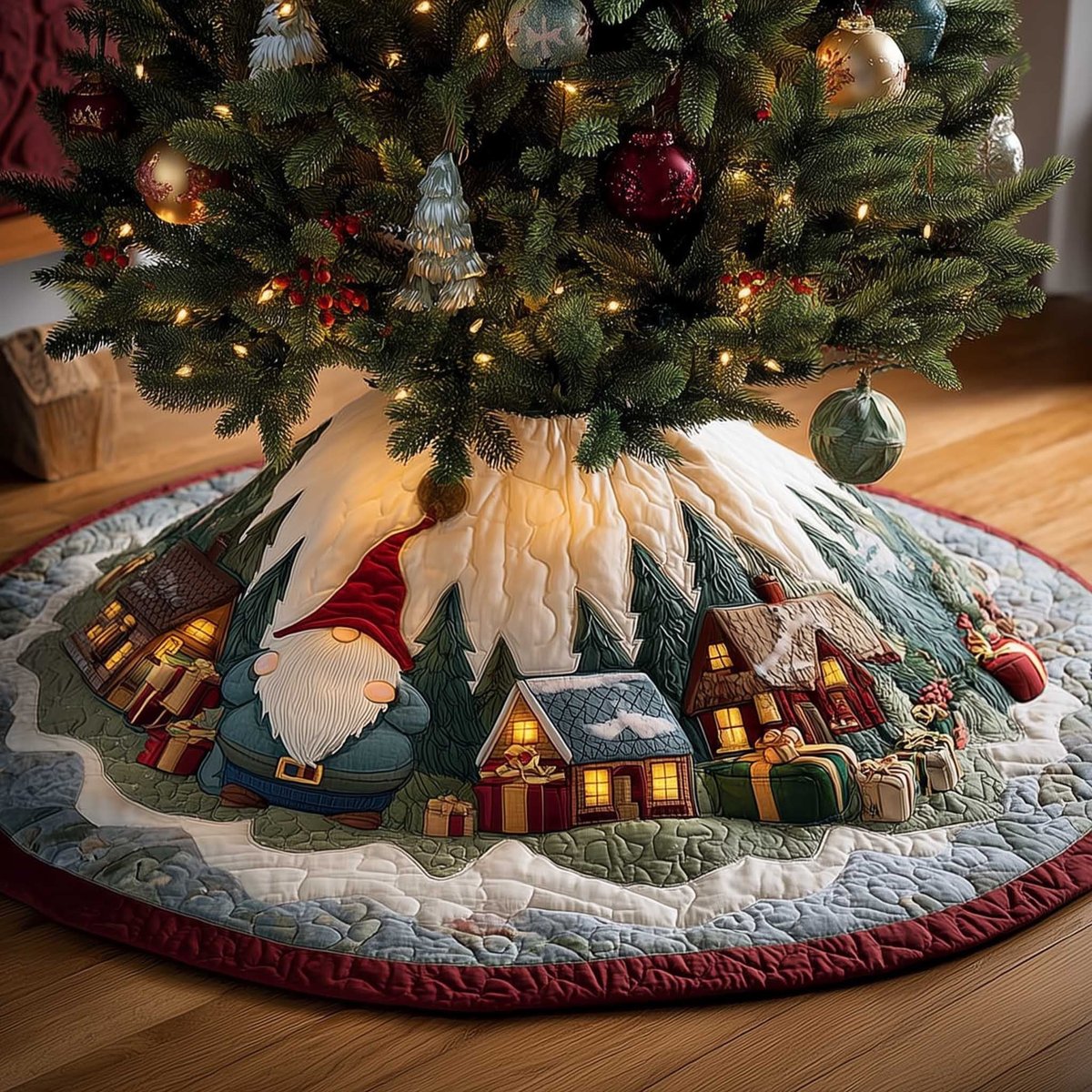 Gnome Beside the Glowing Village Christmas Tree Skirt - Made to Order TREEK101
