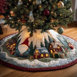 Gnome Beside the Glowing Village Christmas Tree Skirt - Made to Order TREEK101