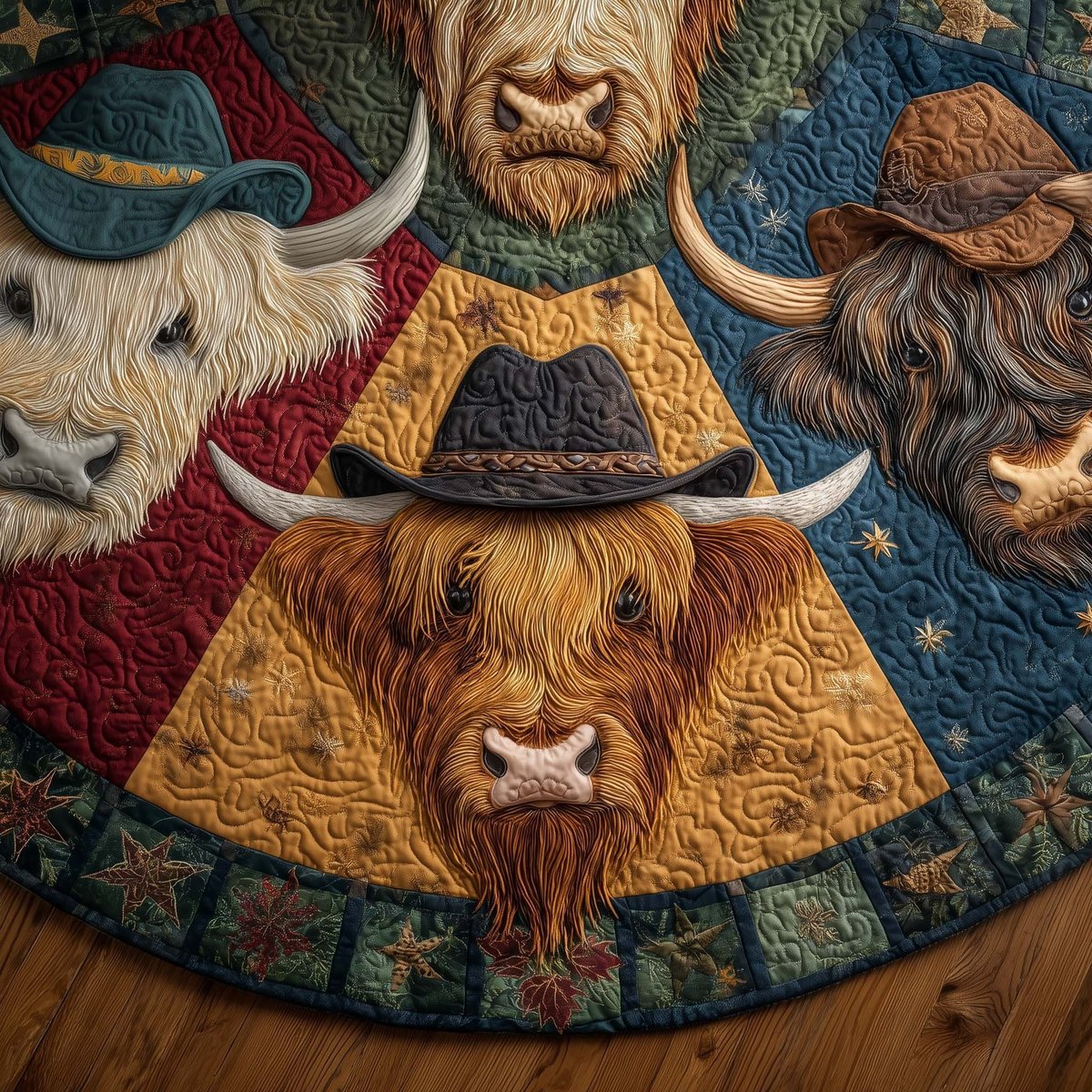 Highland Cow in a Blue Hat Christmas Tree Skirt - Made to Order TREEK101