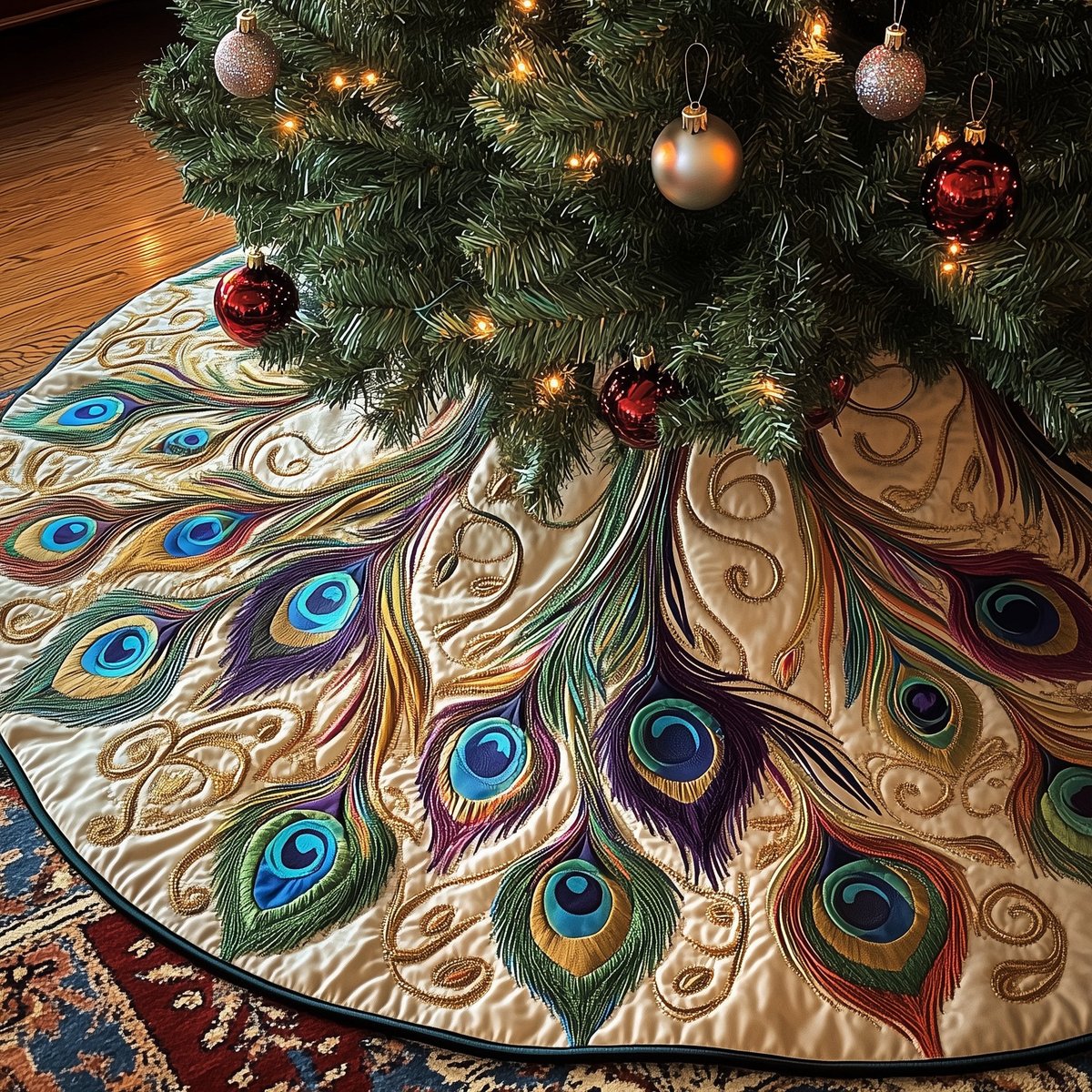 Cream Peacock Plumes with Jewel Eyes Christmas Tree Skirt - Made to Order TREEK101