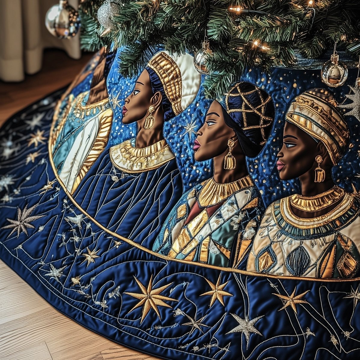 Women with Gold Jewelry Starry Blue Christmas Tree Skirt - Made to Order TREEK101