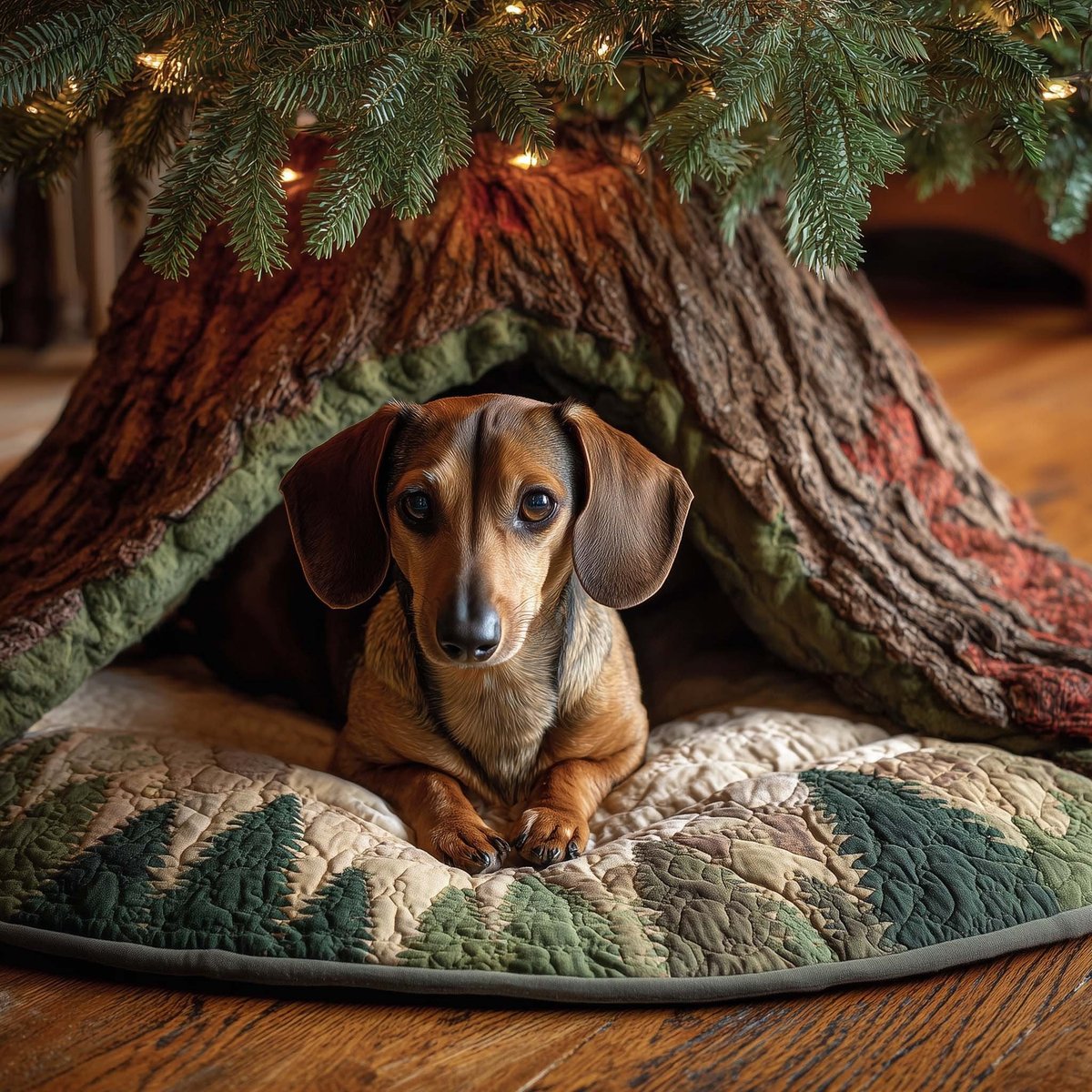 Dachshund Under the Tree Cream Christmas Tree Skirt - Made to Order TREEK101