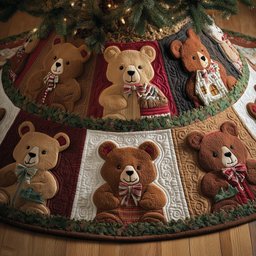 Teddy Bears in Red Patchwork Squares Christmas Tree Skirt - Made to Order TREEK101