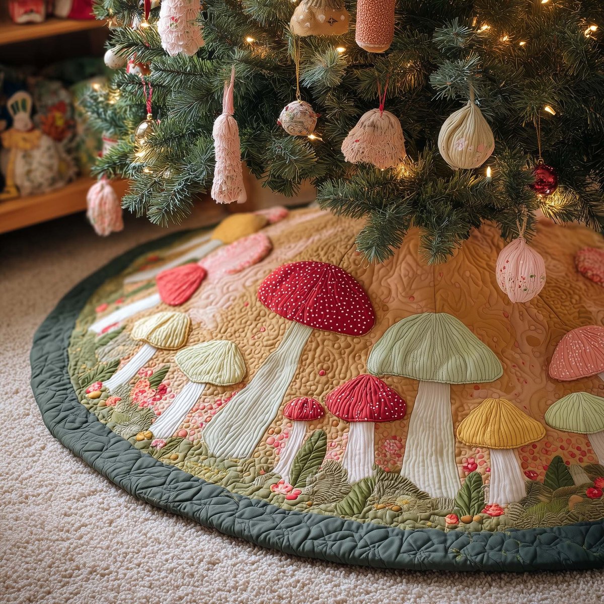 Pink Toadstools on the Green Rim Christmas Tree Skirt - Made to Order TREEK101