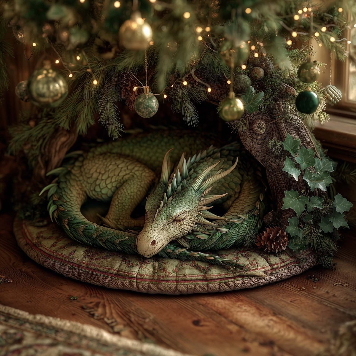 Green Dragon Sleeping Under Pines Christmas Tree Skirt - Made to Order TREEK101