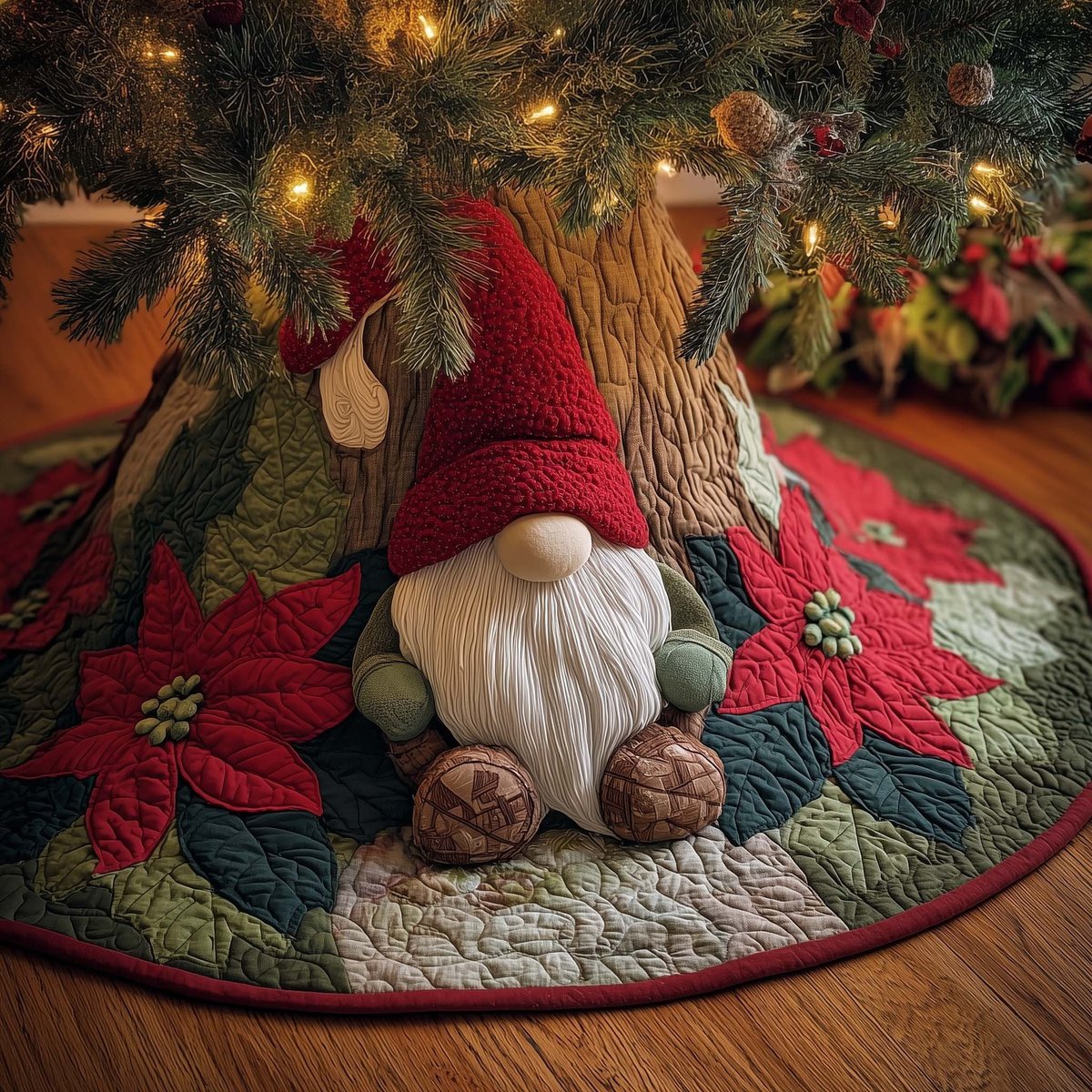 Standing Gnome with Poinsettias Christmas Tree Skirt - Made to Order TREEK101