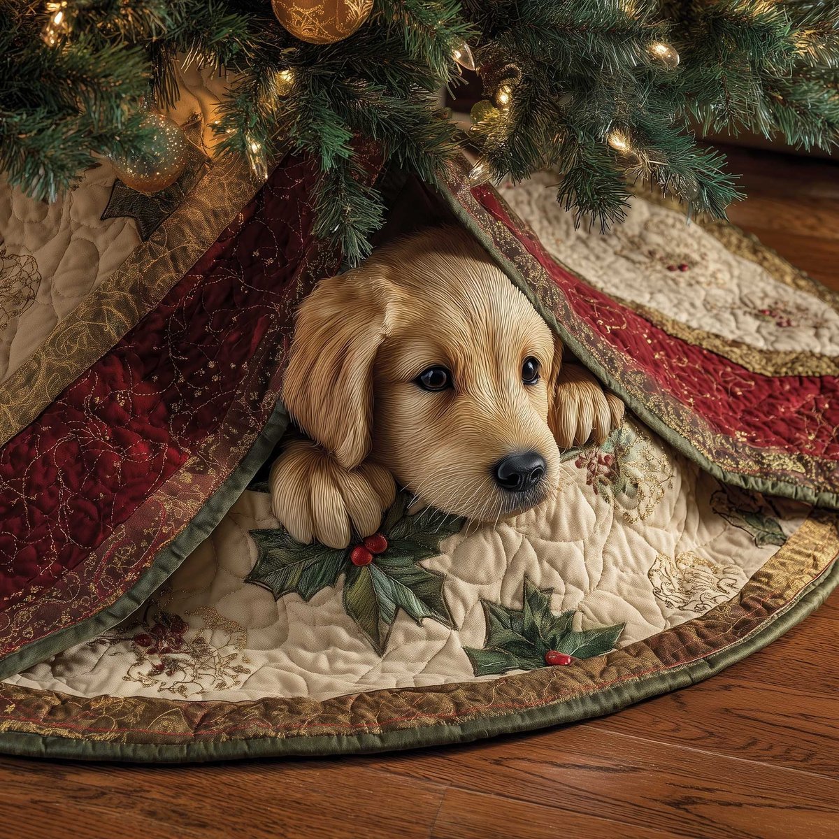 Golden Puppy on Cream with Holly Christmas Tree Skirt - Made to Order TREEK101