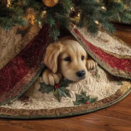 Golden Puppy on Cream with Holly Christmas Tree Skirt - Made to Order TREEK101