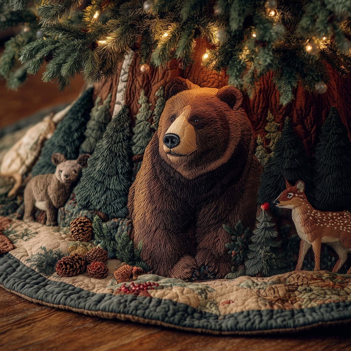 Brown Bear and Fawn with Pinecones Christmas Tree Skirt - Made to Order TREEK101