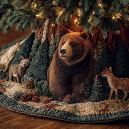 Brown Bear and Fawn with Pinecones Christmas Tree Skirt - Made to Order TREEK101