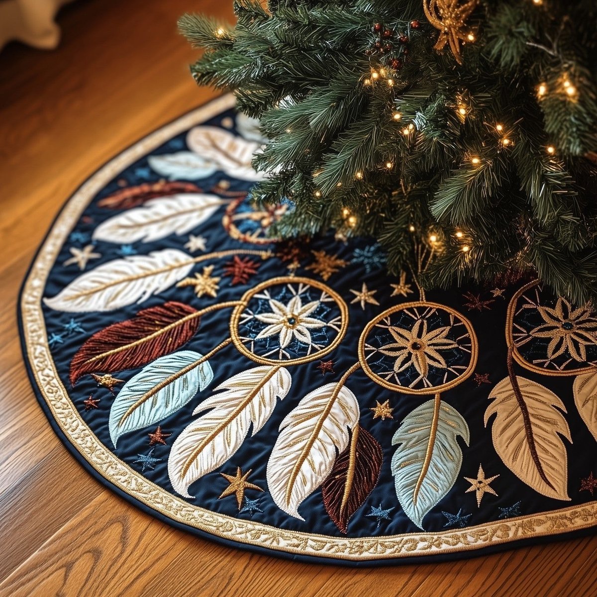 Dreamcatchers on Navy with Feathers Christmas Tree Skirt - Made to Order TREEK101