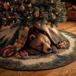 Bear with Wrapped Gifts in Snow Christmas Tree Skirt - Made to Order TREEK101