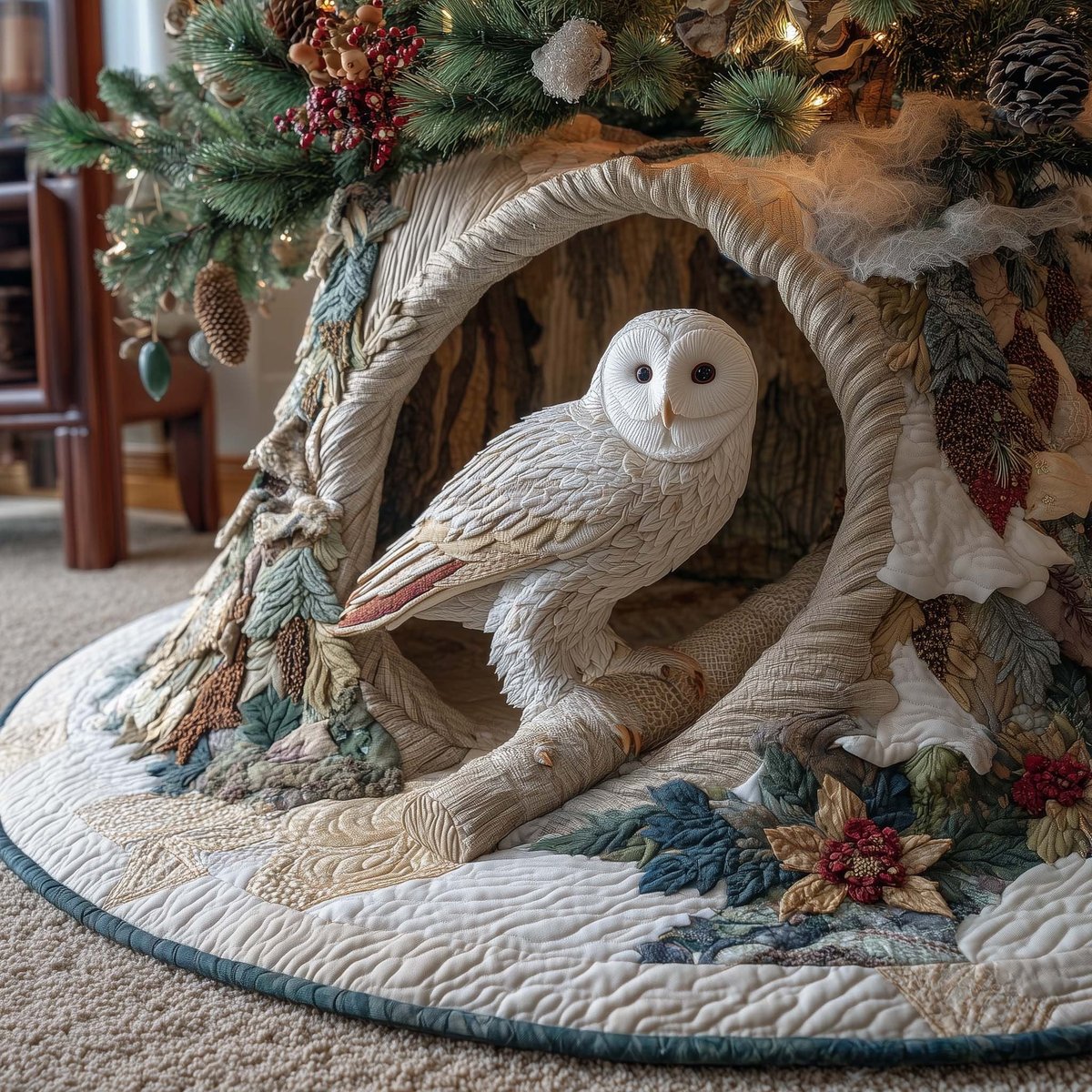 Snowy Owl in the Tree Hollow Christmas Tree Skirt - Made to Order TREEK101