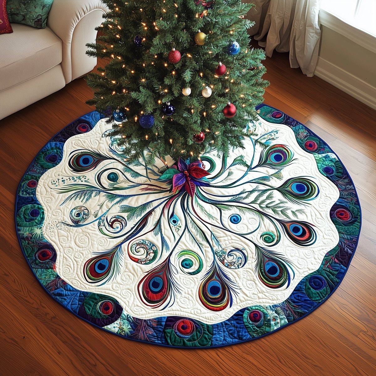 Peacock Feather Fan with Blue Rim Christmas Tree Skirt - Made to Order TREEK101