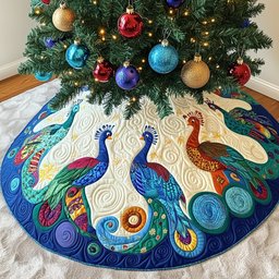 Vivid Peacocks on Teal Swirls Christmas Tree Skirt - Made to Order TREEK101