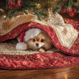 Pomeranian Peeking from the Red Quilt Christmas Tree Skirt - Made to Order TREEK101