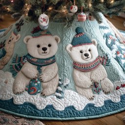 Polar Bears in Knit Hats on Teal Christmas Tree Skirt - Made to Order TREEK101