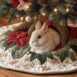 White Rabbit Among the Poinsettias Christmas Tree Skirt - Made to Order TREEK101