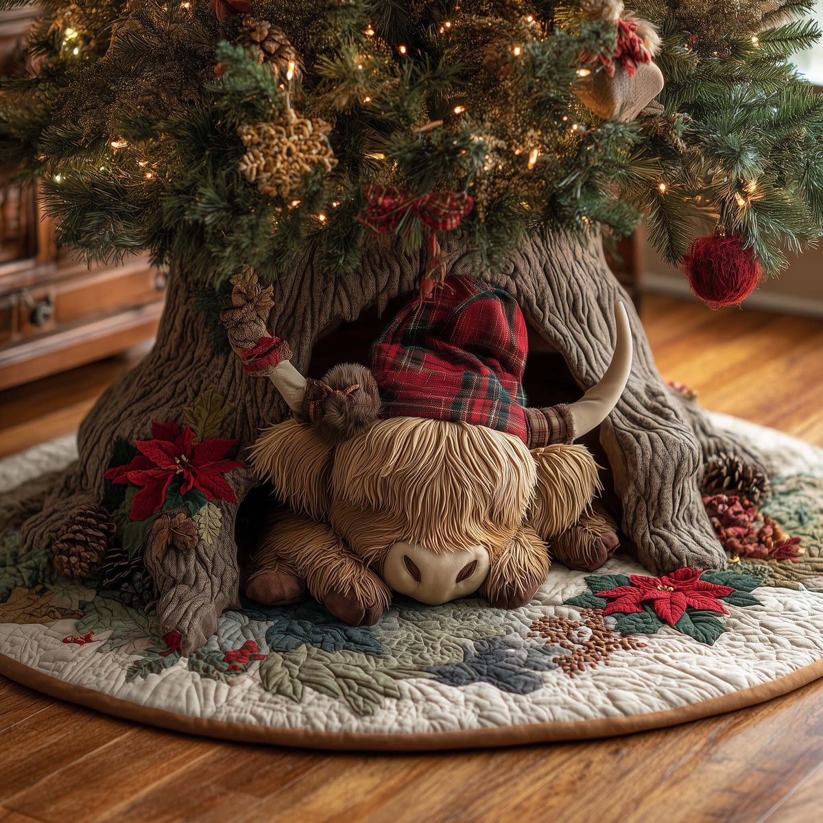 Highland Cow in a Plaid Hat Christmas Tree Skirt - Made to Order TREEK101