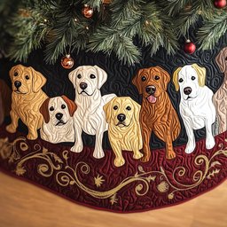 Labradors on Burgundy with Gold Swirls Christmas Tree Skirt - Made to Order TREEK101