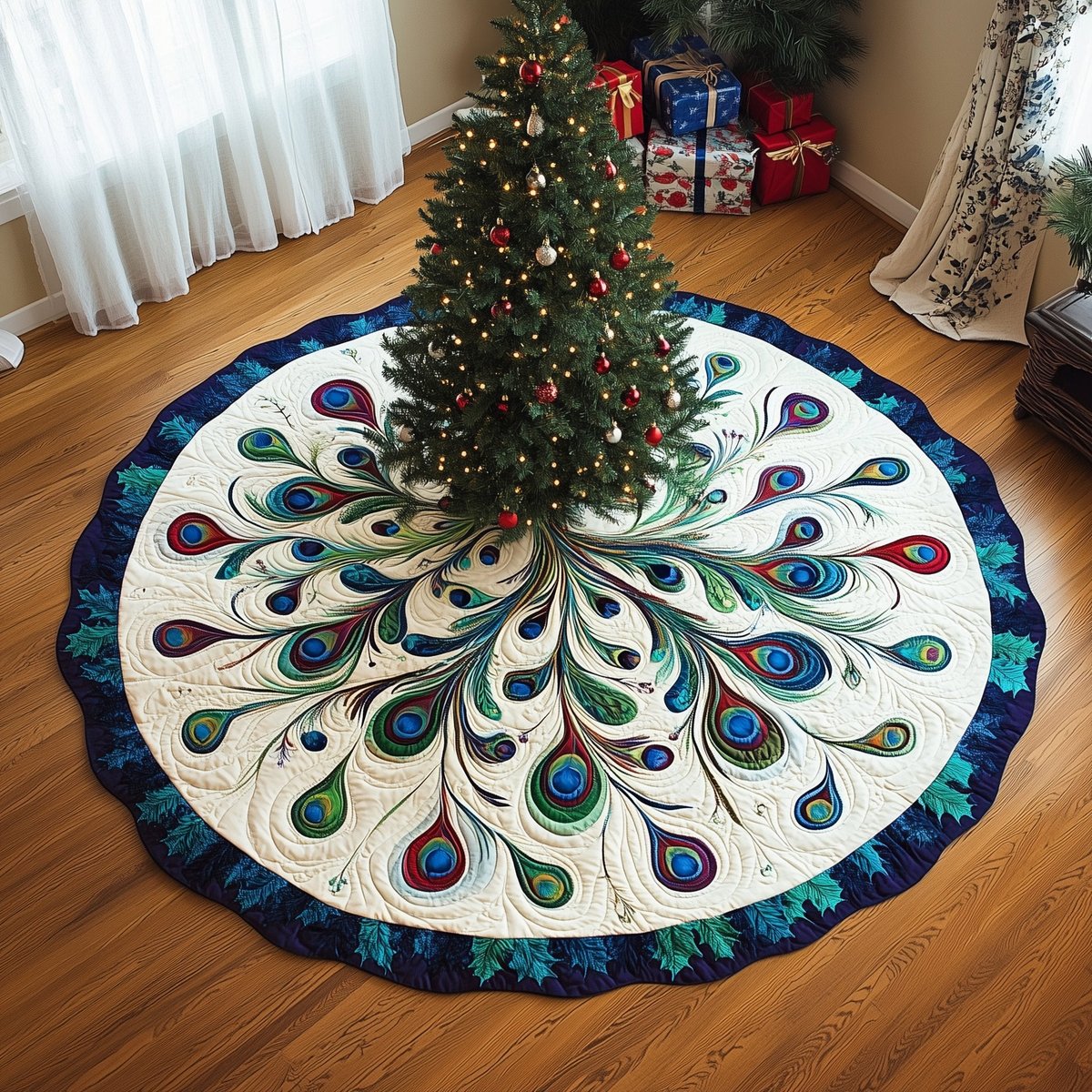 Green Peacock Feathers with Teal Rim Christmas Tree Skirt - Made to Order TREEK101