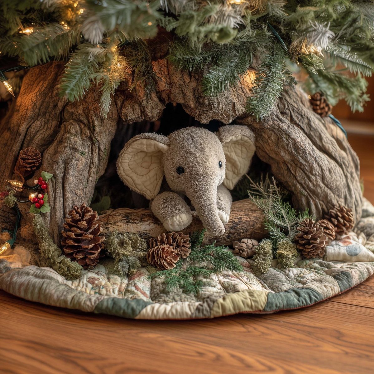Baby Elephant with Pinecones Green Christmas Tree Skirt - Made to Order TREEK101