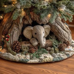 Baby Elephant with Pinecones Green Christmas Tree Skirt - Made to Order TREEK101