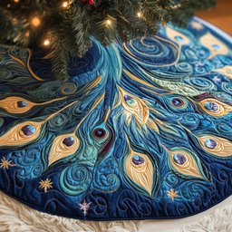 Blue Peacock Plumes with Snowflakes Christmas Tree Skirt - Made to Order TREEK101